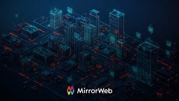 MirrorWeb AI architecture on microchip - digital cityscape representing neural network infrastructure.