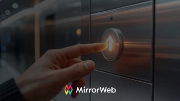 A compliance professional pressing an illuminated elevator button, representing the next step beyond AI supervision in financial services communications compliance.
