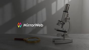 A magnifying glass and microscope beside the MirrorWeb logo, illustrating the leap from legacy to AI supervision in financial services compliance.