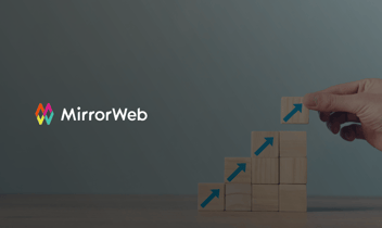 Wooden blocks with growth arrows and MirrorWeb logo illustrating staged surveillance implementation for financial services firms