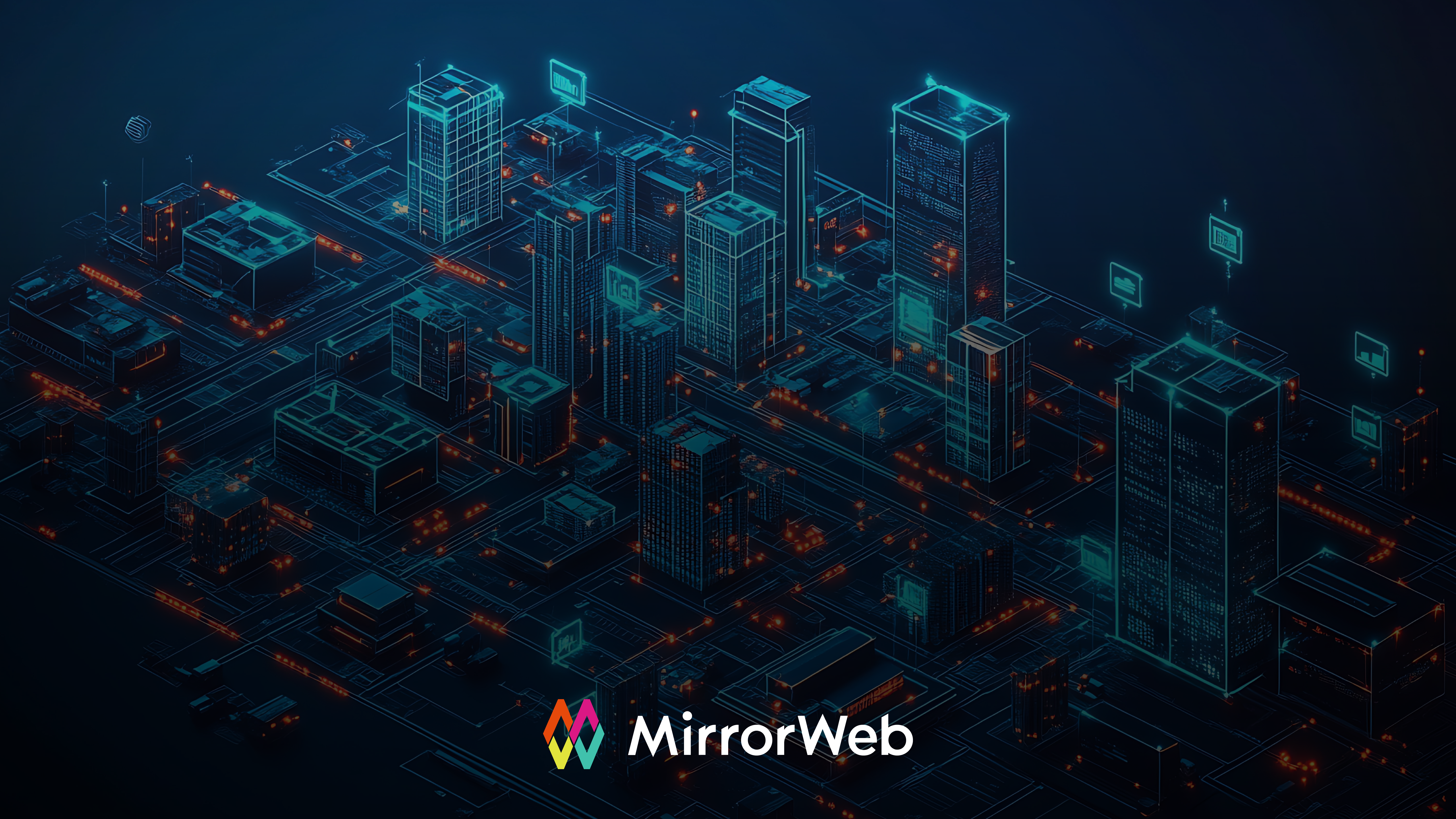 MirrorWeb AI architecture on microchip - digital cityscape representing neural network infrastructure.