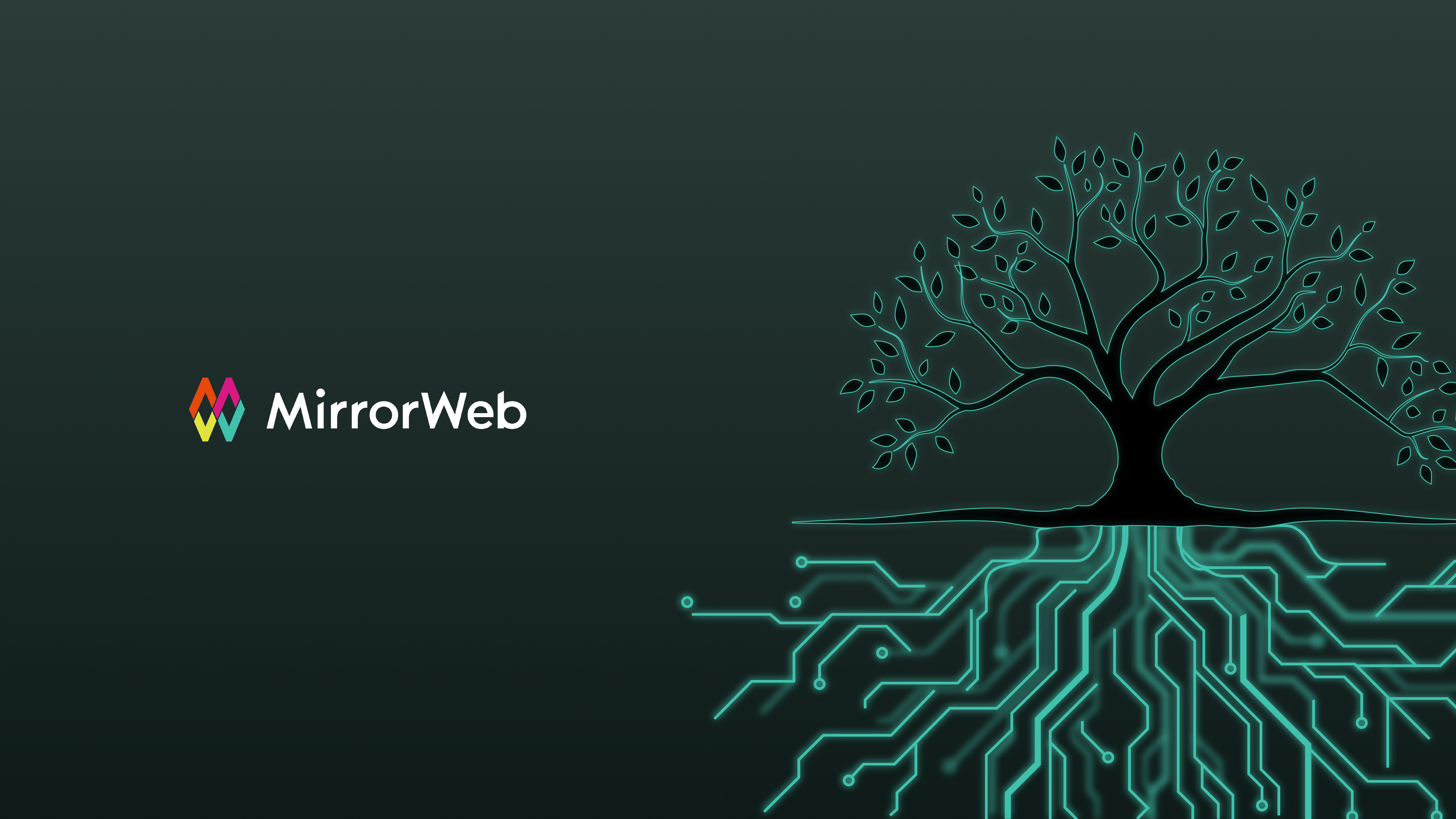 A tree with organic branches above ground and circuit board roots below, representing Mira's native communications data foundation for AI supervision.