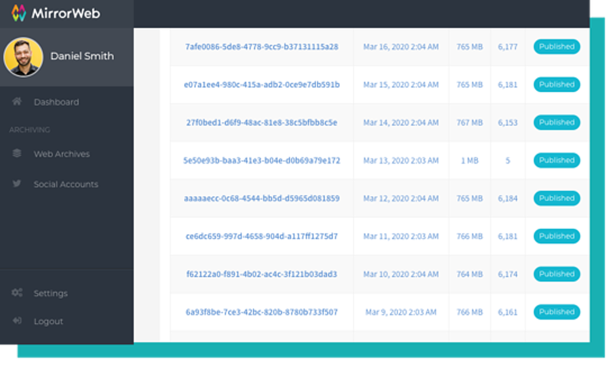 Screenshot of MirrorWeb platform