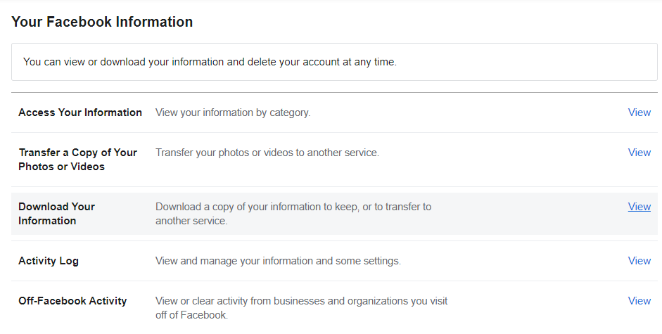Screenshot of Facebook data settings