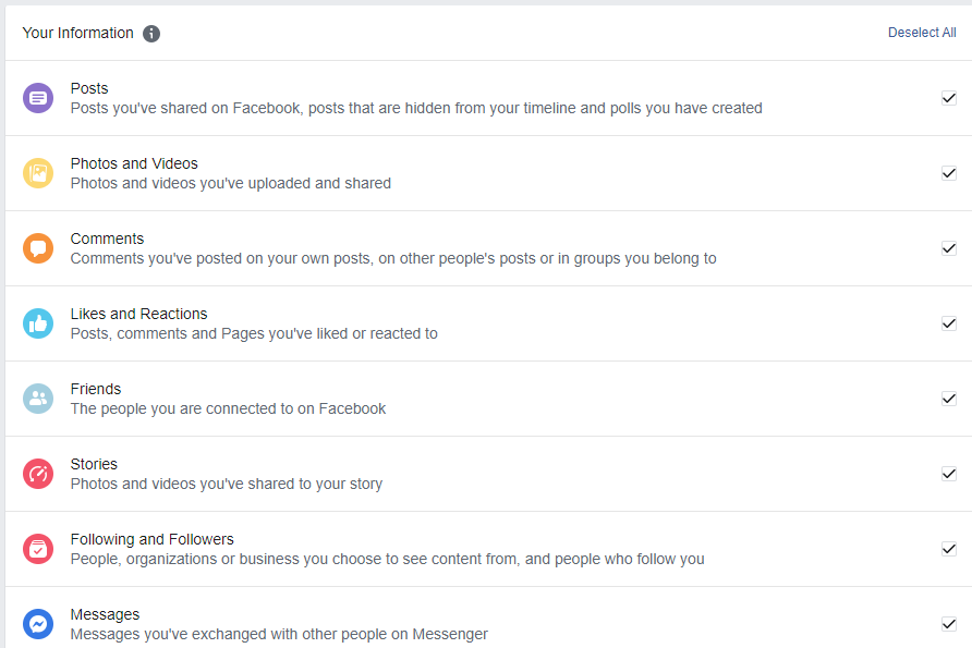 Screenshot of Facebook download options