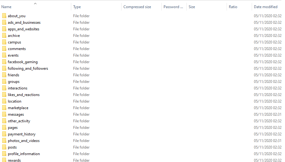 Screenshot of Facebook data archive