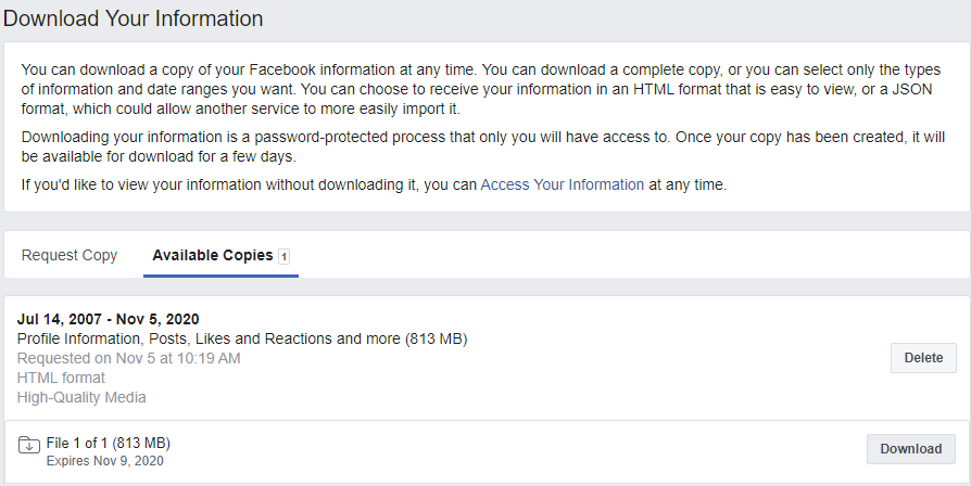 Screenshot of Facebook download when ready