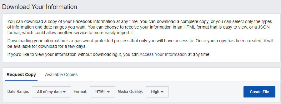 Screenshot of Facebook download options