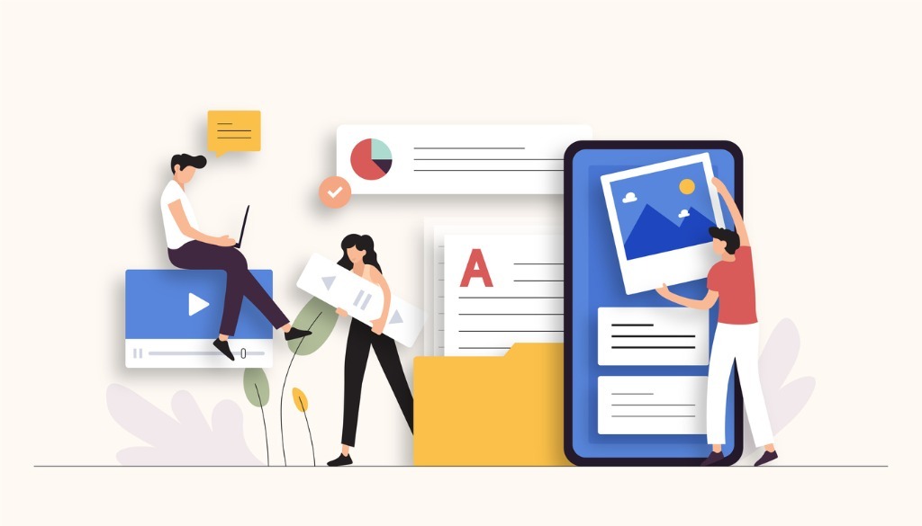 Graphic of people putting together marketing content