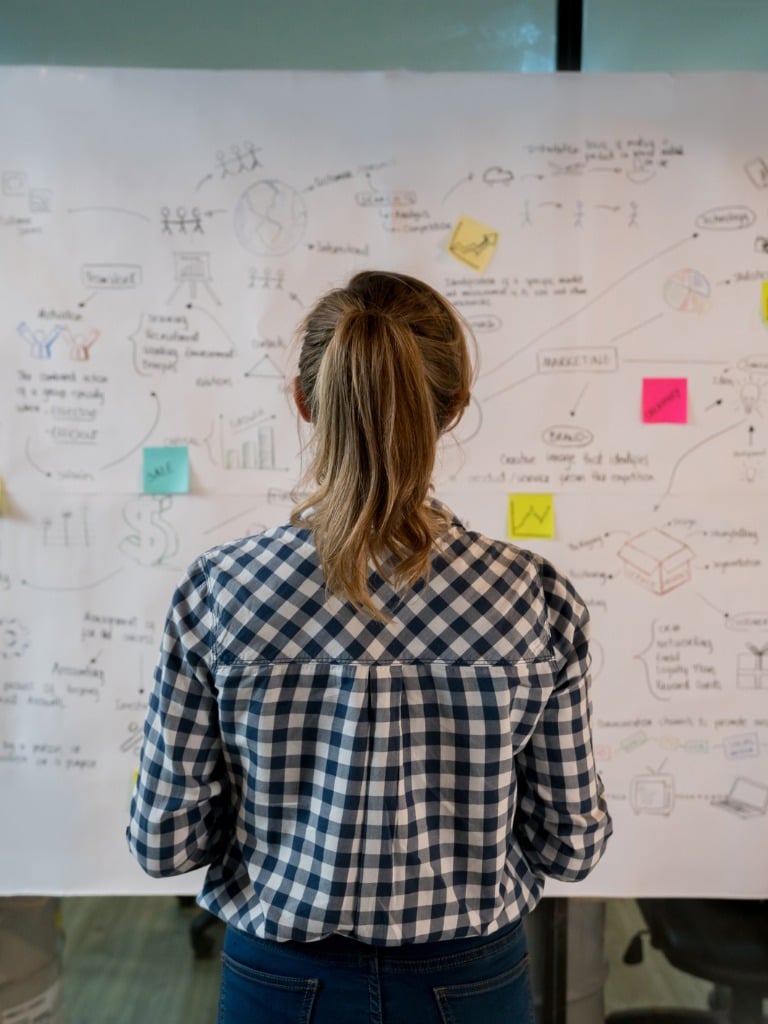 person facing whiteboard of content marketing plan