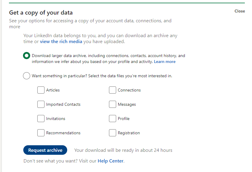 Screenshot of LinkedIn data archiving options