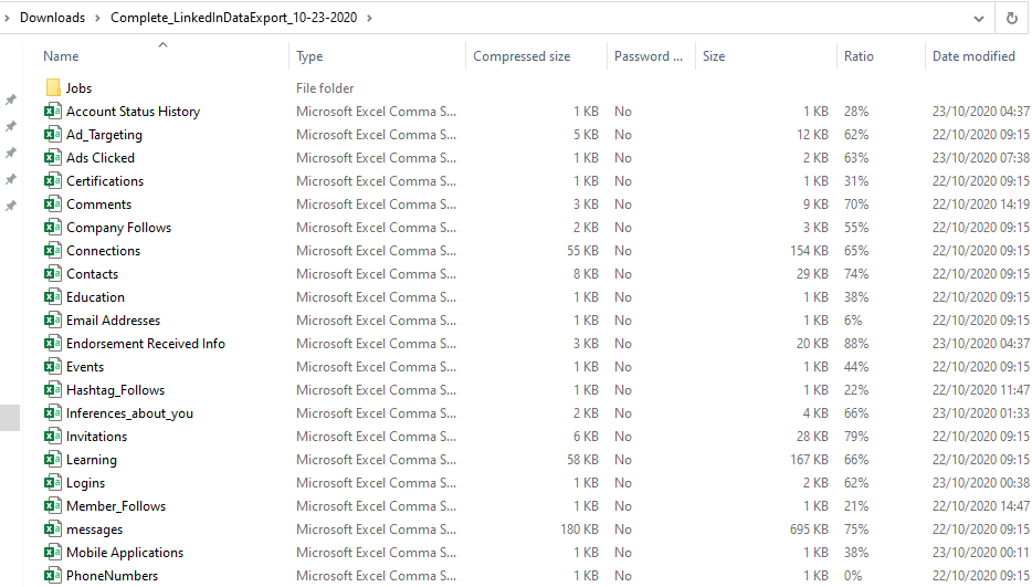Screenshot of LinkedIn archive