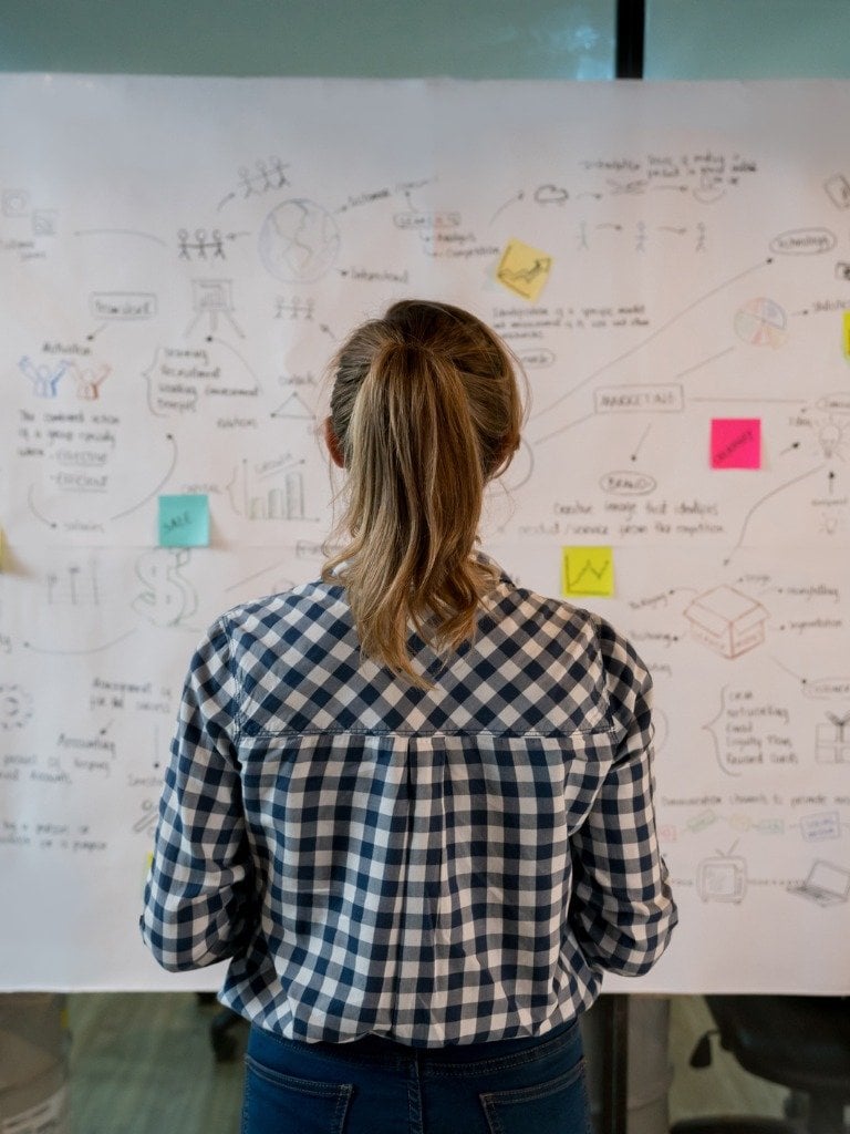 Woman looking at complicated planning board