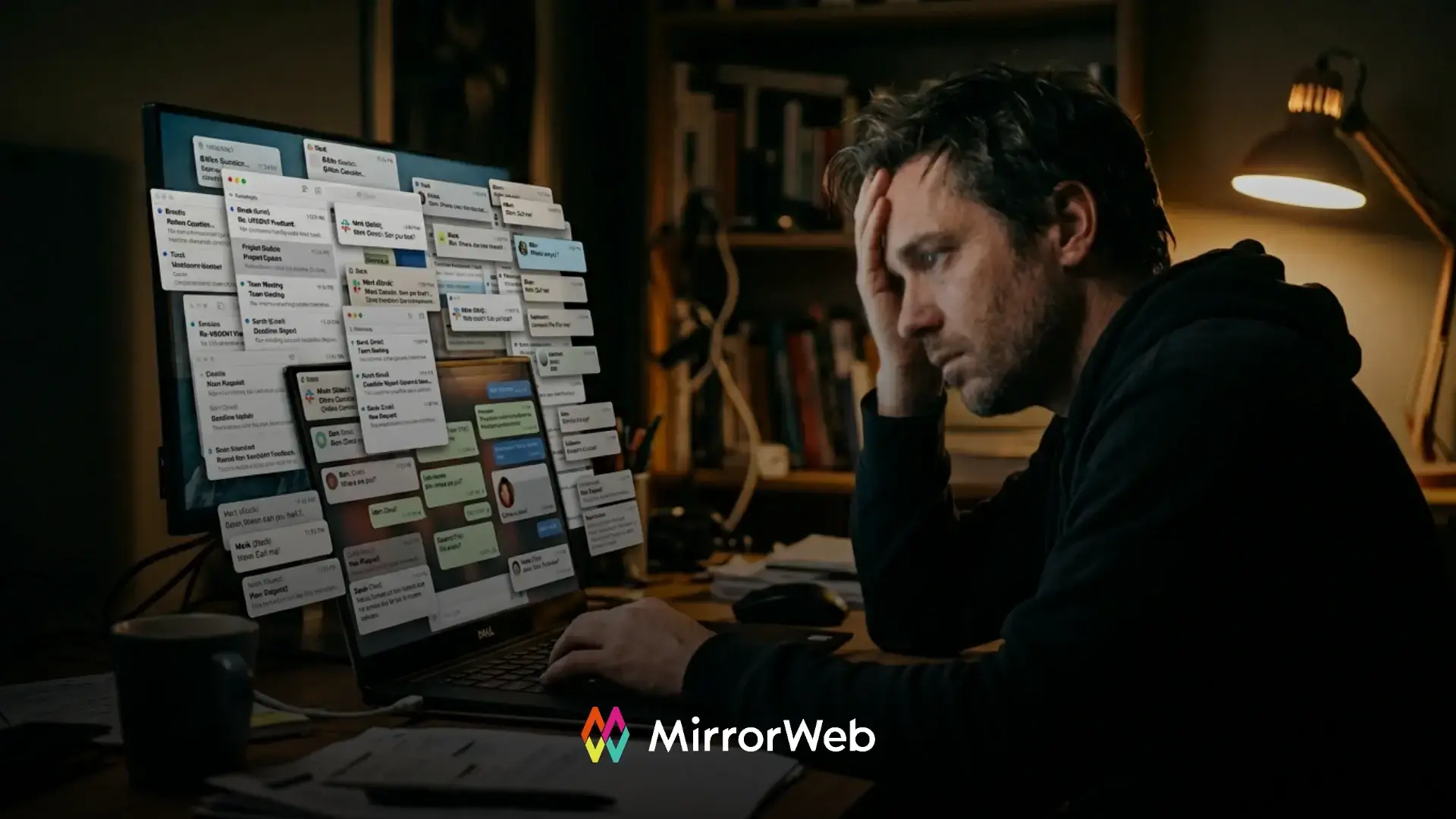 A compliance professional overwhelmed by a screen full of unread messages and notifications across multiple communication channels