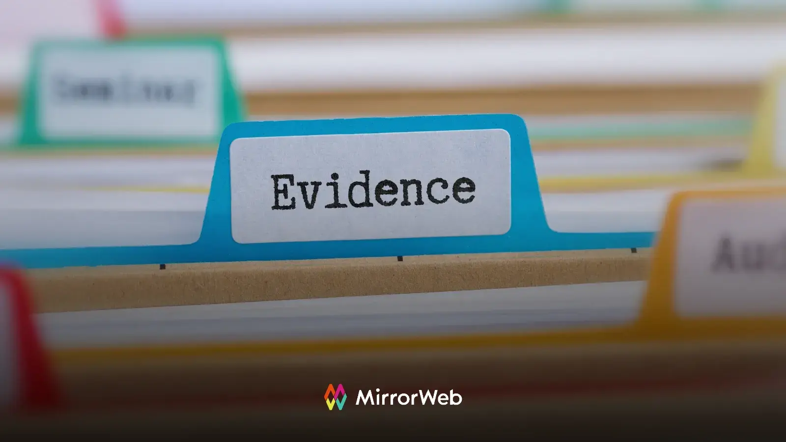 "Evidence" folder tab in filing cabinet, symbolizing audit trail documentation for AI compliance supervision