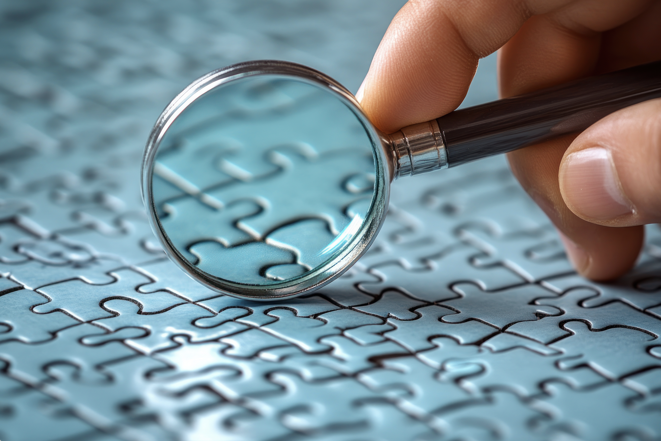 Close-up of a hand holding a magnifying glass over a blue jigsaw puzzle, looking at some interlinked pieces.