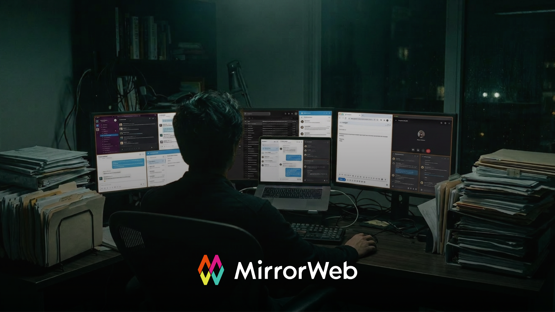 Compliance analyst managing multiple screens showing employee chat communications across platforms, surrounded by paper files, illustrating the scale challenge of manual supervision