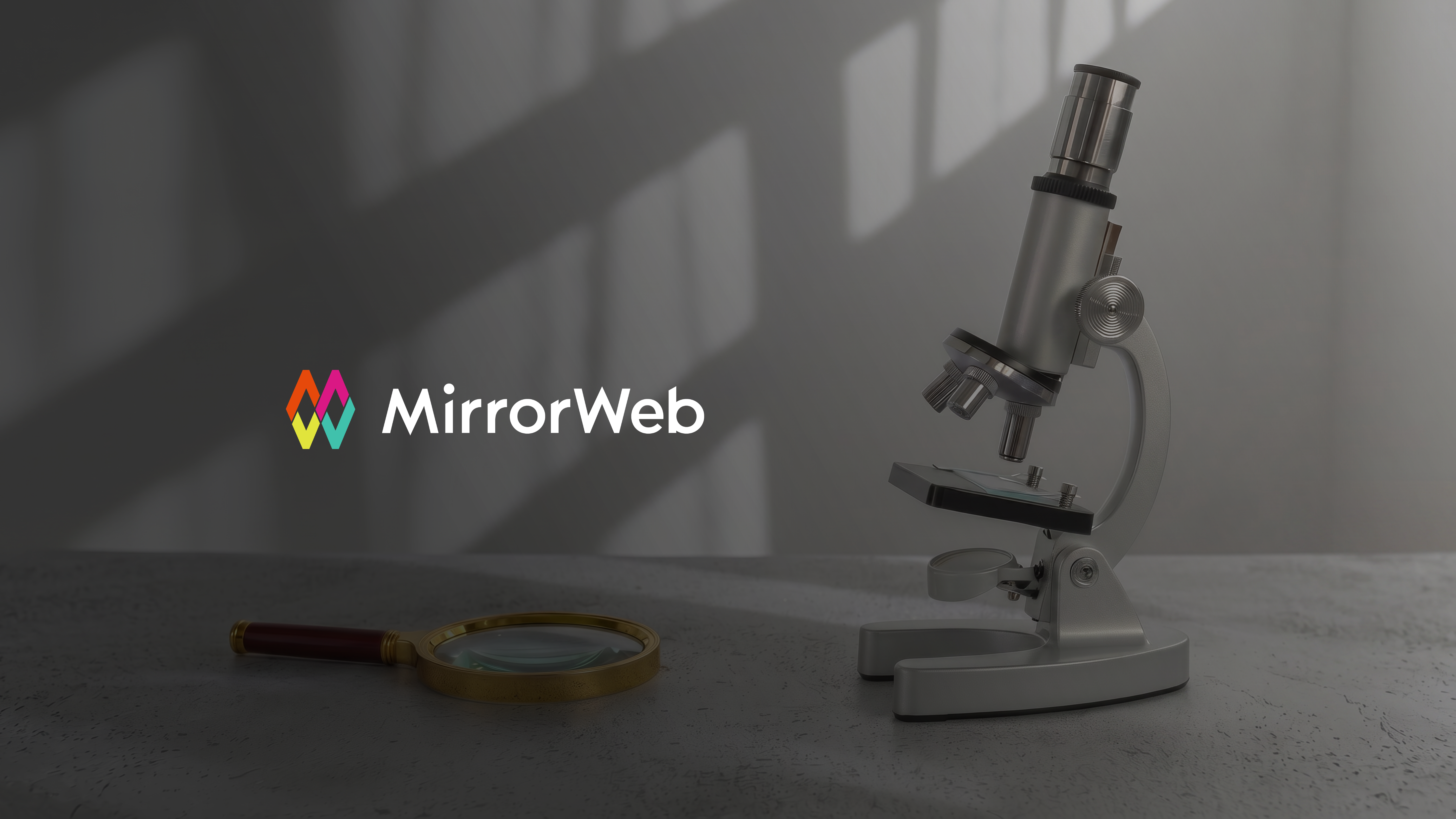 A magnifying glass and microscope beside the MirrorWeb logo, illustrating the leap from legacy to AI supervision in financial services compliance.