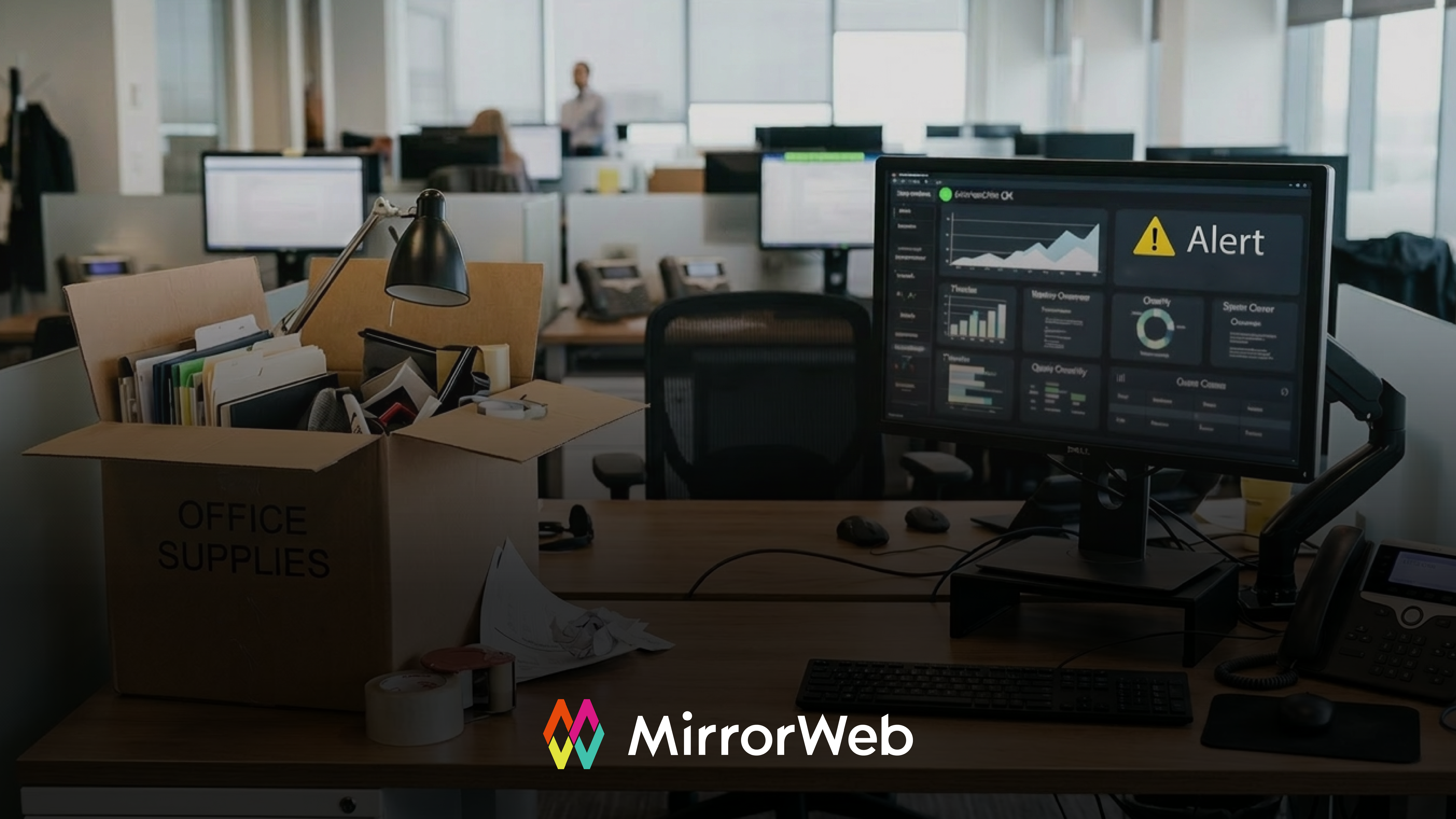  Office desk with a packed cardboard box beside a compliance surveillance dashboard showing an alert notification, illustrating the risk of institutional knowledge loss when a compliance officer leaves